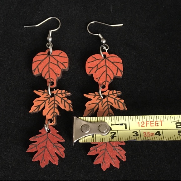 Autumn Themed Wooden Leaf Dangle Earrings - Picture 6 of 6